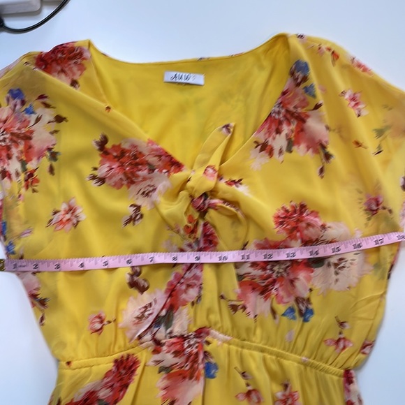 AUW Womens Floral Yellow High Low Dress Cap Sleeve Cinched Waist Tie Bust - Picture 5 of 6